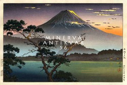 Régi japán fametszet Fudzsi hegy felhő naplemente alkony fa hajnal tó shin hanga reprint nyomat kép