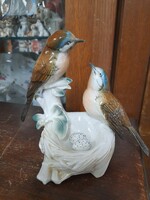 Német,Germany Volkstedt Karl ENS Madár Pár Fészkén Porcelán Szobor,Figura.15 cm.