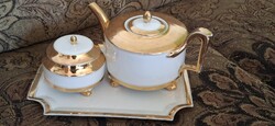 Századfordulós Biedermeier stílusú dúsan aranyozott fehér arany porcelán teáskészlet tálcával