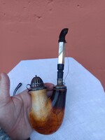 Antik tajték pipa, 13 finomsagú ezüst ratetekkel. 1830 As évek.