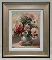 VÉGSŐ ÁR! FEBR.19-IG ÉL! Varga Szidónia "Virágok a kertemből" festmény szép keretben ingyen postával