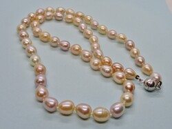 Szép régi valódi többszínű gyöngy nyaklánc ezüst gömbkapoccsal