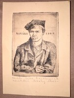 Nováky Ákos: Férfiportré, 1968 – dedikált grafika Váradi Ivánnak