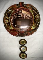 Végvári Gyula : Samottos , üveg díszítésű kerámia tükör , domború eredeti bronztükörrel!