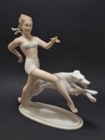 Wallendorf futó lány agárral figura, 22 cm