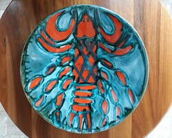 Bártfay Judit türkizes nagy méretű kerámia Rákos falitányér, falitál, 27 cm