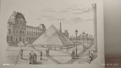 Louvre . Ceruza rajz, grafika Arben szignóval