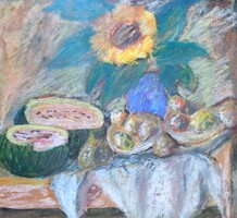 AKCIÓ! CSAK 7 EZER FT: Csendélet dinnyével - színes asztali csendélet gyümölcsökkel, napraforgóval