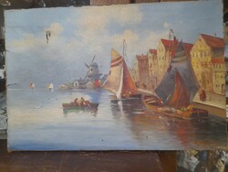 Németalföldi 19.Század Olaj-Vászon Jelzett Holland Kikötő Festmény.30 x 46 cm.