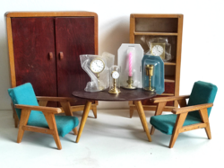 Régi retro babaházi bútor szett - Vintage réz színű miniatűrök: óra, serleg, gyertyatartó