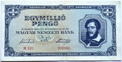 Egymillió Pengő 1945, VF+, alacsony sorszám.