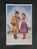 Képeslap,grafikai,Hortobágy,Magyar folklór,népviselet,népművészet,falusi életkép,Rekord kiadás,1945-