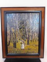 Antik olajfestmény – Rőzsehordó asszony a nyírfásban (57x47 cm)