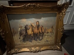 Viski János – Vágtató lovak, olajfestmény, díszkeretben