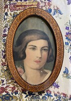 BÁNYAI KATALIN 1927 OLAJ, FALAPO NŐI PORTRÉ, ART DECO FESTMÉNY, OVÁLIS INTARZIÁS KERET 43 X 30 CM