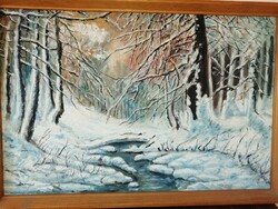 Barcsai F.: Téli erdő patakkal – Hangulatos, jelzett olajfestmény (63x43 cm)