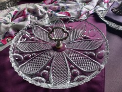 Fém fogantyús nehéz üveg tál, kínáló