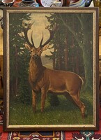 RICHARD SALZBERGER (1899-1966) - SZARVAS AZ ERDŐBEN, VADÁSZHÁZ OSZTRÁK FESTMÉNY KERETBEN 86 X 66 CM