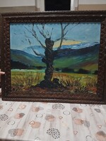 Zombori Jenő(1923-2005)- Expressiv tájkép, fával-olaj, farost, faragott fa keretben.