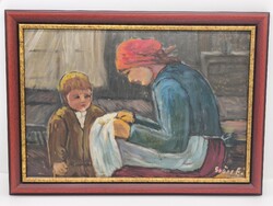 Győri Elek szignált olajfestmény – Anya gyermekkel – 50×35 cm – szép keretben