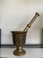 Ritka Perzsa Bronz Mozsár Ezüst Berakással