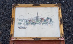 Régi, antik, jelzett tájkép vitorlás hajókkal (35 X 27 cm) ismeretlen, feloldatlan szignóval eladó