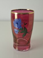 Régi aranyozott kék virágos lila üveg pohár 9.5 cm