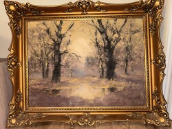 Kézdi-Kovács László: Erdőrészlet – Impozáns, nagyméretű olajfestmény blondel keretben