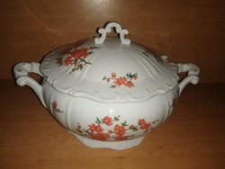 Zsolnay porcelán piros barackvirág mintás levesestál (ap)