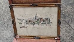 Régi, antik, jelzett tájkép vitorlás hajókkal (35 X 27 cm) ismeretlen, feloldatlan szignóval eladó