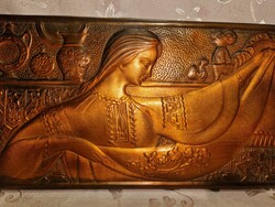 Különleges, régi, fali, domborműves réz/rézötvözetes falikép 44 cm x 21 cm