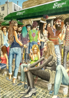 Marcus Goldson – Hipster Reunion eredeti akvarell nagyméretű, keretezve Soproni Budapest angol festő