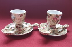 2 szett Krömer német porcelán vintage stílusú tojástartó kistányér kiskanál rózsa minta reggeliző