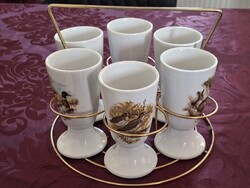 Vadász dekoros porcelán boros pohár készlet tartójával