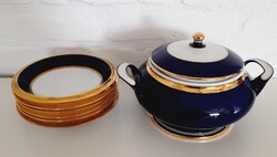 Hollóházi Szász Endre Stúdió porcelán leveses tál 6 db tányérral