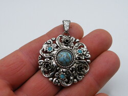 K349 Ezüstözött türkíz köves filigrán medál