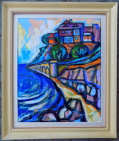 Józsa János  1936-2016: Mediterrán tengerpart ,Eredetiség igazolással SZÁMLÁVAL