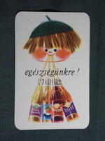 Kártyanaptár,Szigetvár konzervgyár,Hírős,Meggylé üdítőital,grafikai,reklám figura, 1965