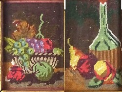 1Z137 Régi csendéletes tűgobelin pár széles arany keretben 18 x 23 cm