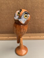Régi svéd David Eriksson forgatható fejű fa bagoly szobor üveg szemekkel 1960-ból