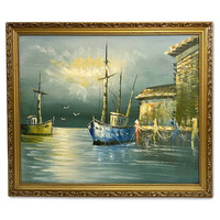 Ismeretlen festő: Halászhajók kikötve - szépen megfestett tengerparti látkép szép keretben