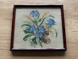 Gobelin virágos kép, üvegezett fa keretben, 20x18cm