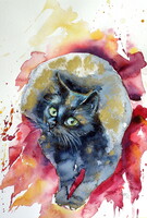 Kovács Anna Brigitta: Black cat in gold-  watercolor painting - Fekete macska aranyban