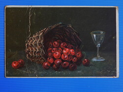 Képeslap 1923. Kiborult gyümölcsös kosár üvegpohárral