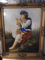 Népies életkép-Pipázó nő -díszes neobarokk aranyozott keretben.