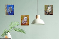 Prima díjas művésztől, Éjjeli bagoly 25x20cm vászonkép zománccal domborítva. Károlyfi Zsófia(1952-)