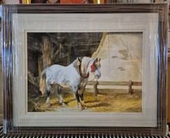 Mesés lóábrázolás, akvarell technikával, hozzá illő új keretben, K.M. 43 x 53 cm