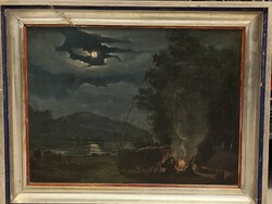 Jankó János: Tábortűz a holdfényben (Eredeti olajfestmény) Zsánerkép