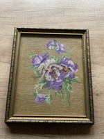 Gobelin virágos kép, üvegezett fa keretben, 24x29cm