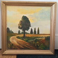 Szabó László , Út fákkal 50x50cm tájkép- olajfestmény . Kisautó, játék csere is érdekel